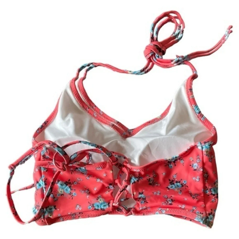 Cupshe Coral Floral‎ Halter Bikini Swim Top Lace Up Back Size Medium